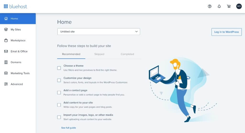 Bluehost website management dashboard